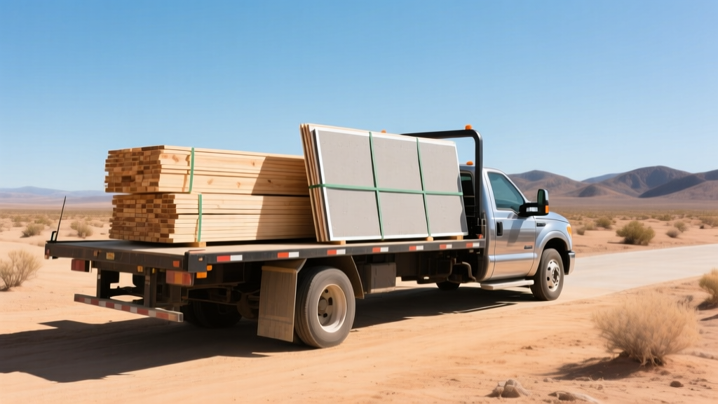 Flatbed truck delivering framing lumber and fiber cement siding to a new residential build in the Hesperia high desert landscape