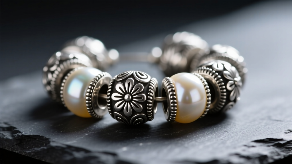 Macro shot of Navajo pearl silver beads revealing the solder seam and hand-stamped floral motifs resting on a dark slate surface.
