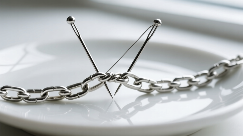 Close-up of two steel sewing pins gently prying apart a tight knot in a delicate sterling silver box chain on a white ceramic plate