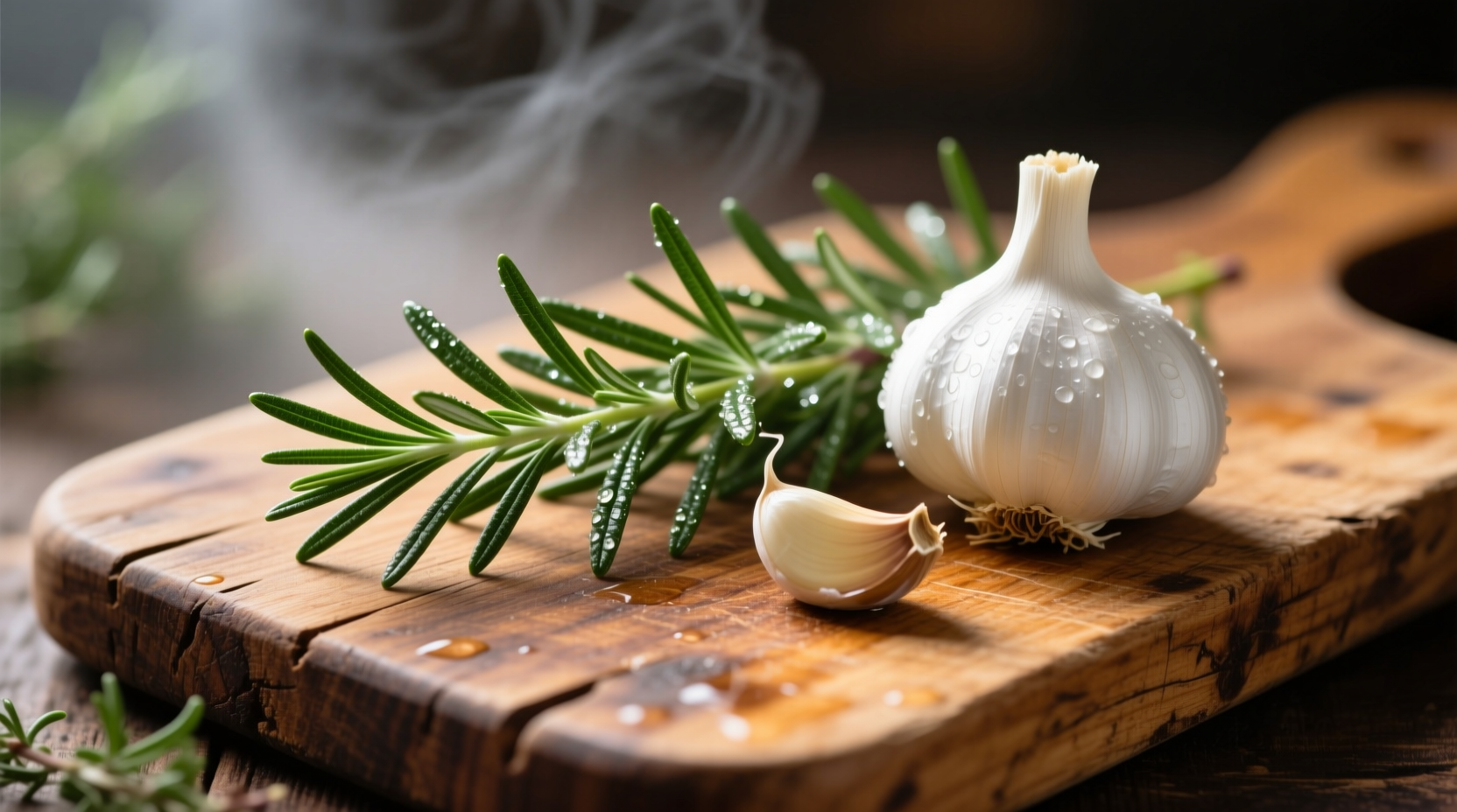 Fresh rosemary and garlic on wooden cutting board