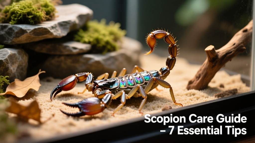 A healthy adult scorpion resting on natural substrate in a well-decorated terrarium