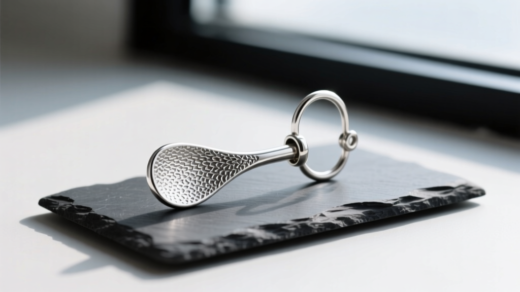 Side view of a hammered 18-gauge sterling silver earring hook with a textured paddle end resting on a dark slate display card