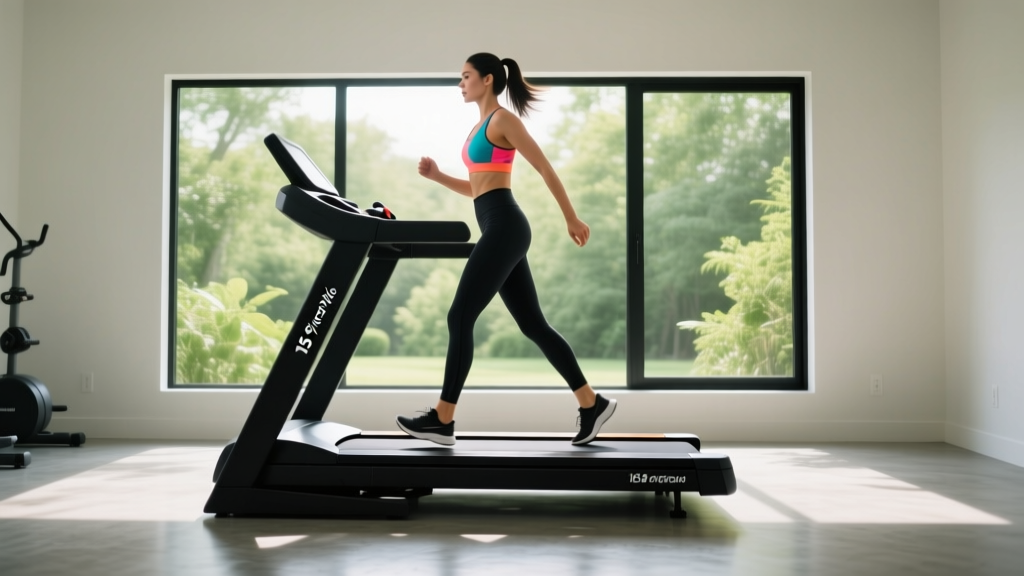 Woman in athletic wear walking at a steep 15 percent incline on a modern black treadmill in a sunlit home gym setting