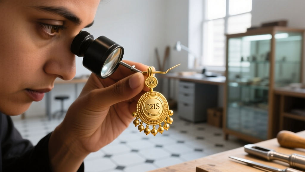 Jeweler using a loupe to inspect laser-welded solder joints and the BIS hallmark on the post of a 22k gold chandbali earring.