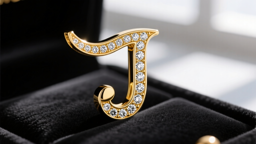 Macro shot of a diamond-accented serif letter J pendant in 18k yellow gold, highlighting the precise pave setting on the top curve