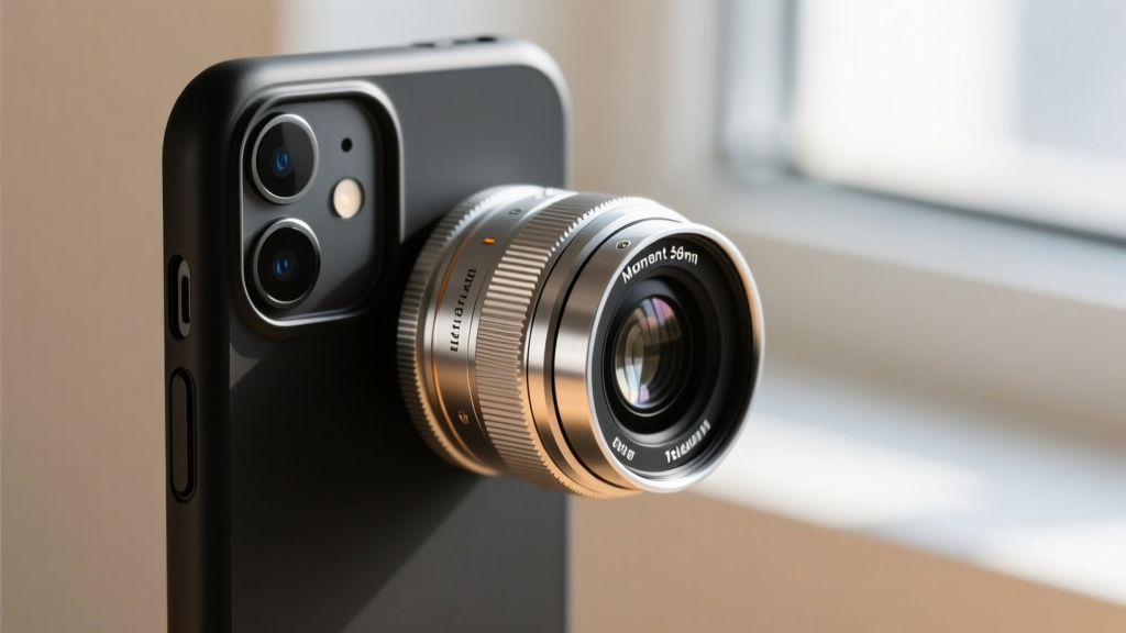 Macro photograph showing precise threading alignment of a Moment 58mm telephoto lens attaching to a specialized smartphone camera case