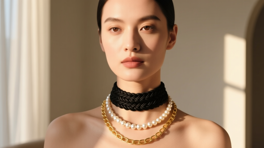 Portrait of a woman layering a black woven choker with a 16-inch pearl necklace and an 18-inch gold chain in natural sunlight.