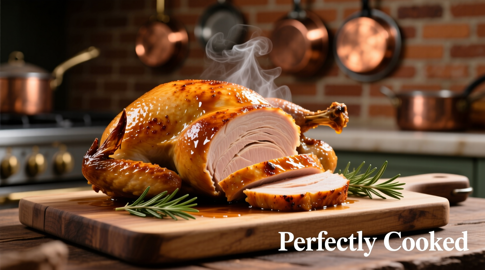 Perfectly cooked golden turkey breast on cutting board