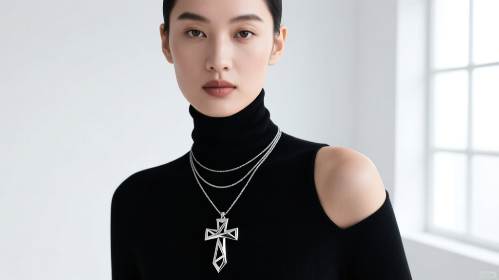 Model wearing a layered slanted cross necklace over a black turtleneck, showing the asymmetric pendant resting on her collarbone