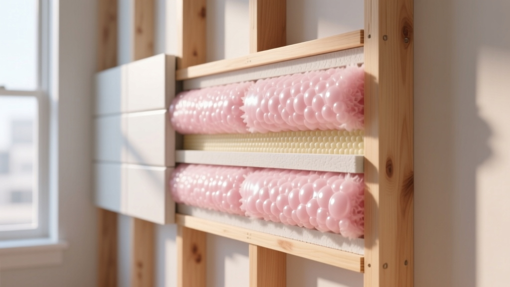 Cross-section of a modern wall showing pink fiberglass batts, rigid foam boards, and closed-cell spray foam layers in a bright wood frame