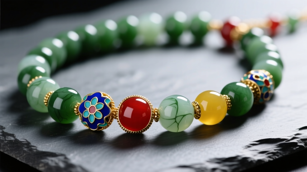 Close-up of a vintage Chinese bead necklace featuring carved nephrite jade and cloisonné enamel beads resting on dark slate.