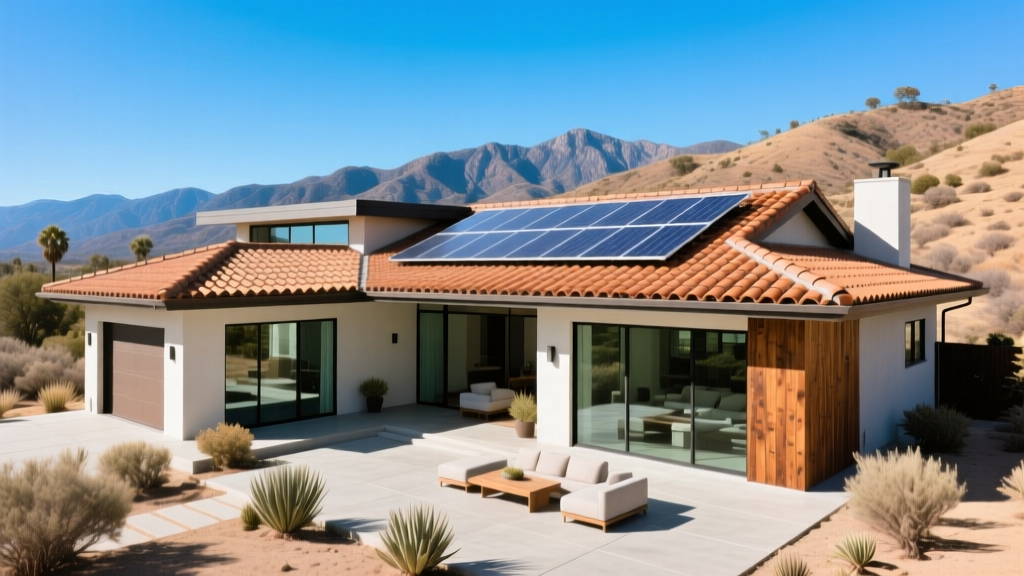 Modern Pasadena home with terracotta clay tile roofing and solar panels against the dry San Gabriel foothills under bright blue sky