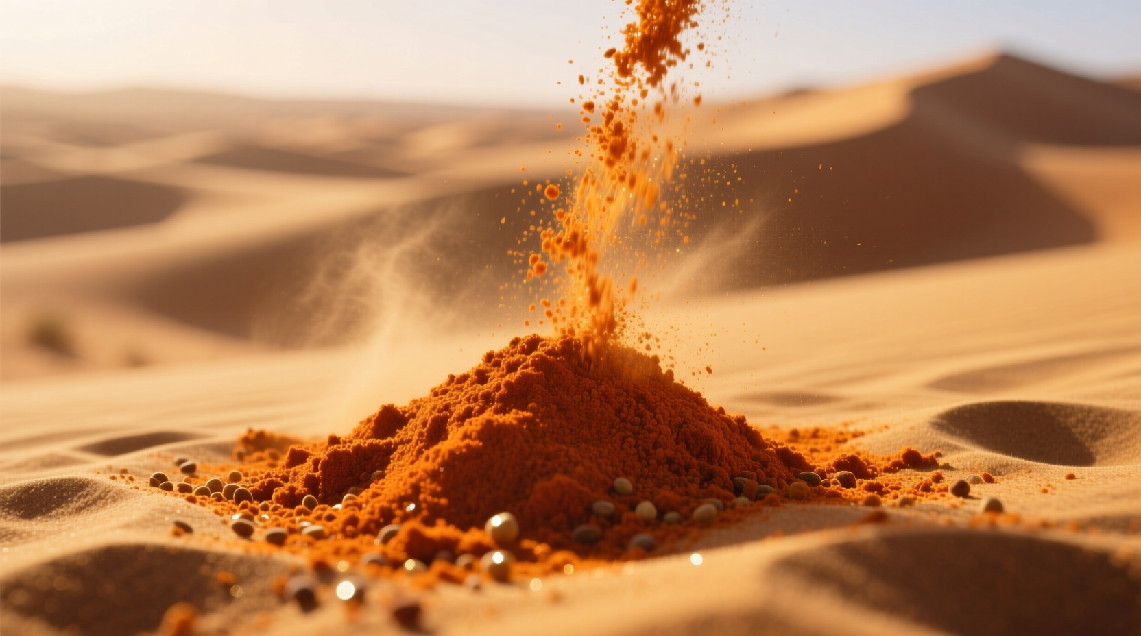 Close-up of orange spice powder on desert sand