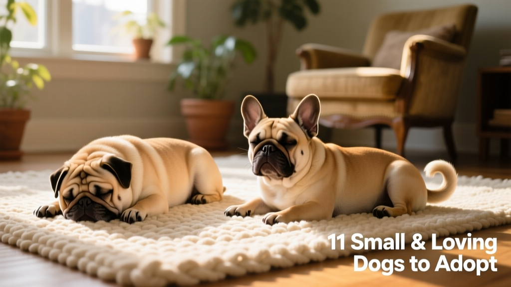 Side-by-side comparison of a Pug and a French Bulldog resting peacefully on a rug