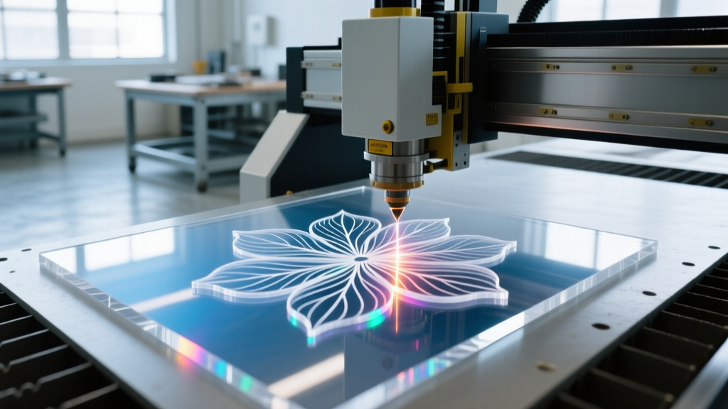 Laser cutter engraving intricate petal veins into a clear cast acrylic sheet for floral earring production in a bright workshop.