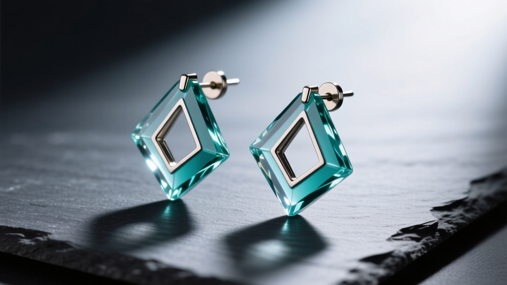 Geometric epoxy earrings with embedded titanium posts, displayed on dark slate to highlight the high-gloss, polished resin edges.