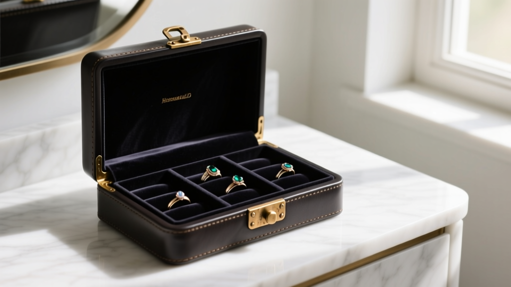 Faux leather jewelry box open on a marble vanity, lit by soft light, showing dark velvet ring slots and tarnished brass hardware.