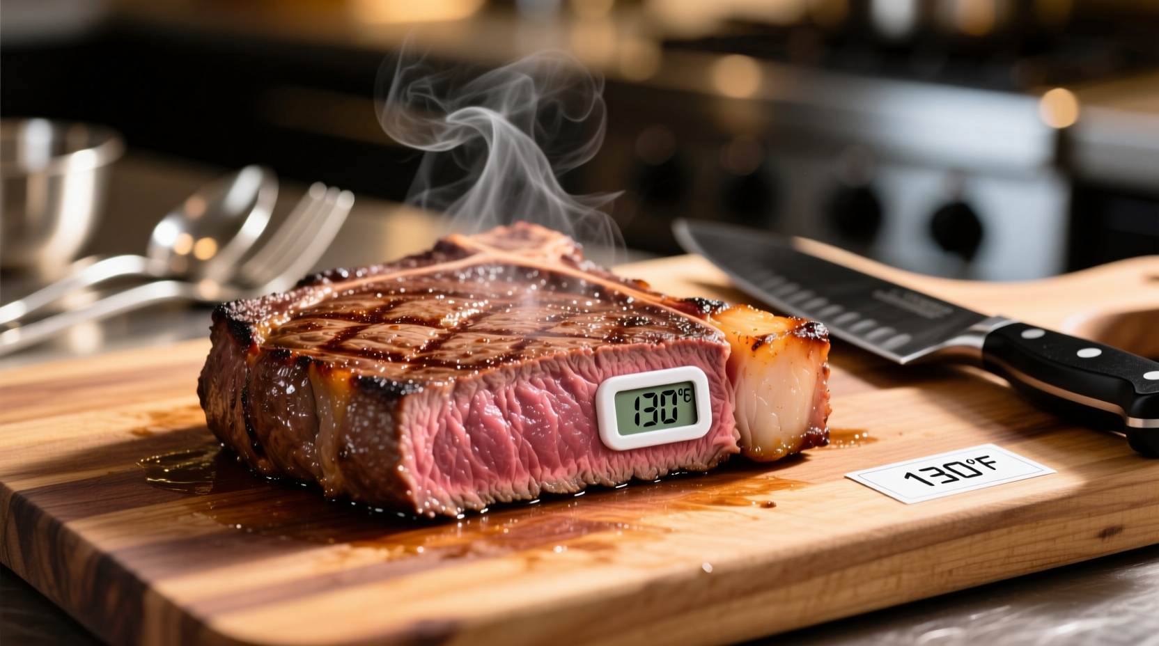 Perfectly cooked steak with internal temperature reading