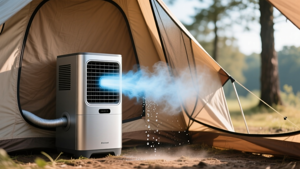 A compact portable air conditioning unit venting cool air into a canvas wall tent, with a condensation tube running outside the mesh door.