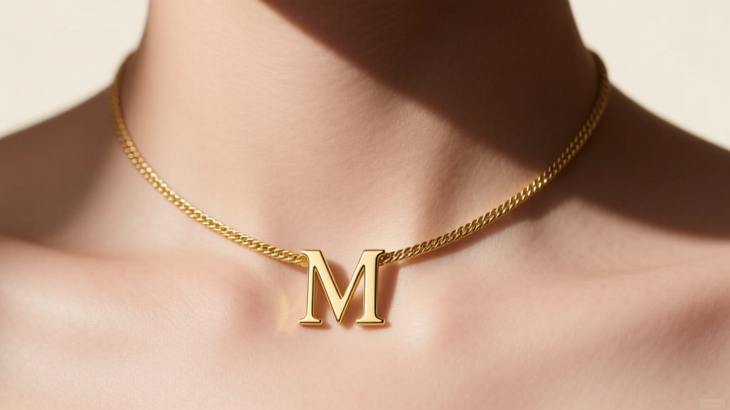 Close-up of a 14k solid gold initial choker necklace on a collarbone, featuring a 1.5mm cable chain and letter M.