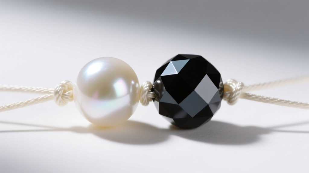 Macro shot of a white Akoya pearl beside a faceted black agate bead, highlighting sharp surface luster and clean silk knotting