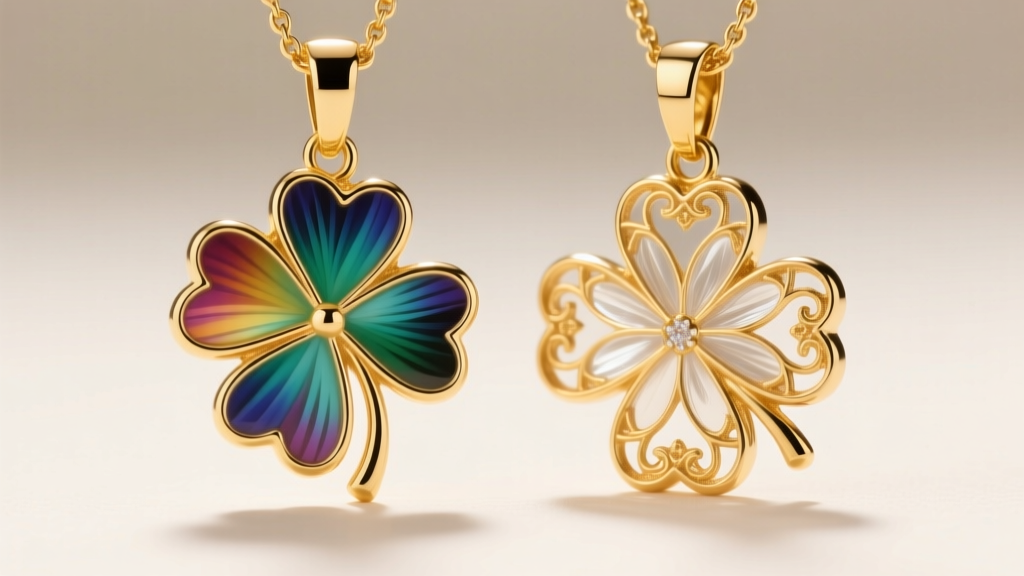 Close-up of vitreous guilloche enamel and cold resin on two 14k gold four-leaf clover pendants under bright studio lighting