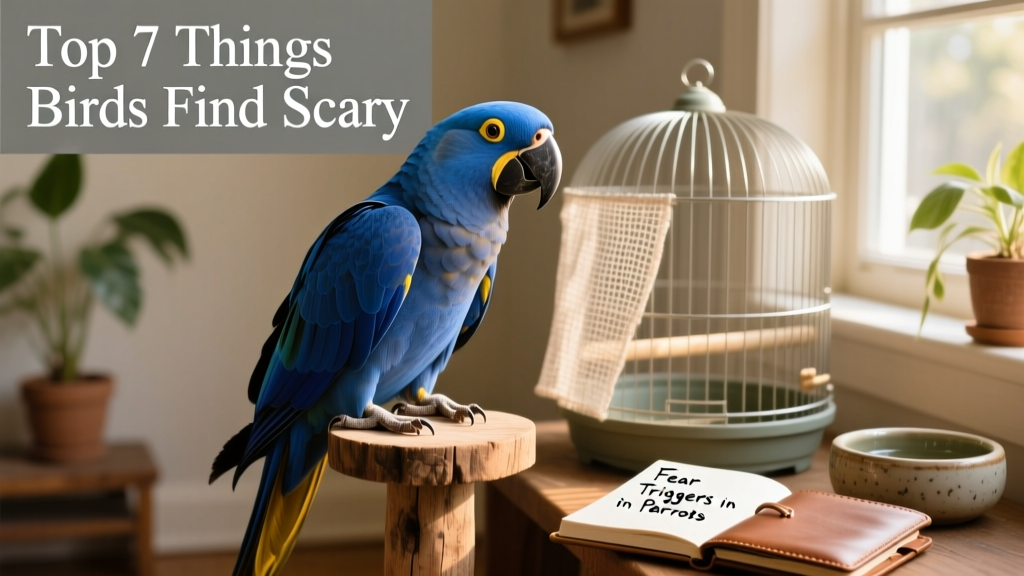 A calm blue-fronted Amazon perched peacefully on a wooden stand beside a covered cage