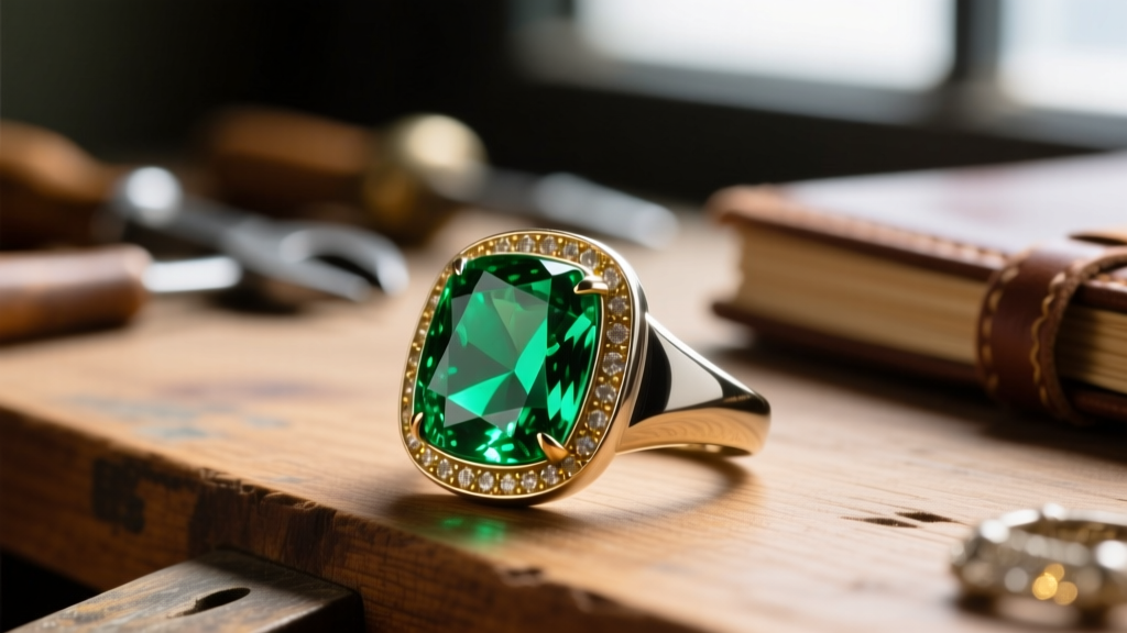 Macro view of a mens bezel-set emerald ring, highlighting rich green inclusions against a warm, dimly lit wooden jeweler desktop.