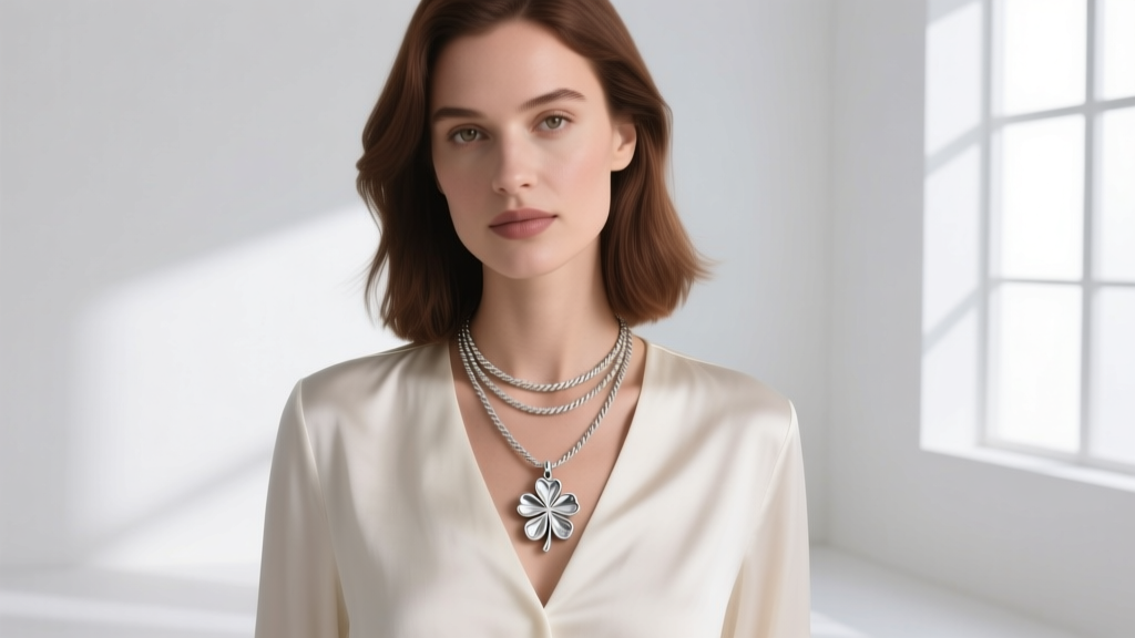 Woman wearing a layered necklace set featuring a 20mm sterling silver four leaf clover pendant on an 18-inch rope chain
