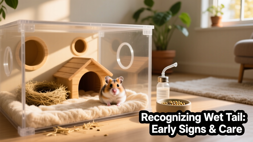 Well-set-up hamster habitat with hiding spots, clean bedding, and quiet surroundings