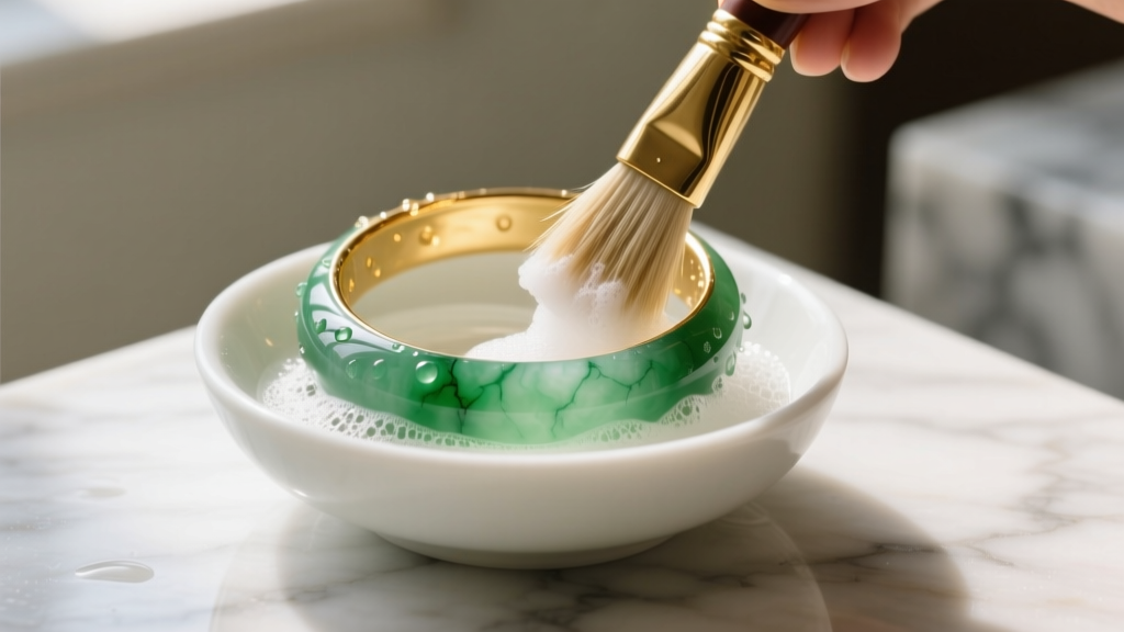 Soft brush and mild soap cleaning a jade and 18k gold bangle carefully washed inside a small white ceramic bowl on marble.
