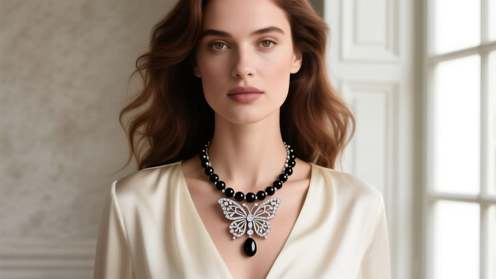 Woman wearing a layered Sweet Alhambra diamond butterfly pendant and a Vintage Alhambra onyx necklace over a cream silk blouse.