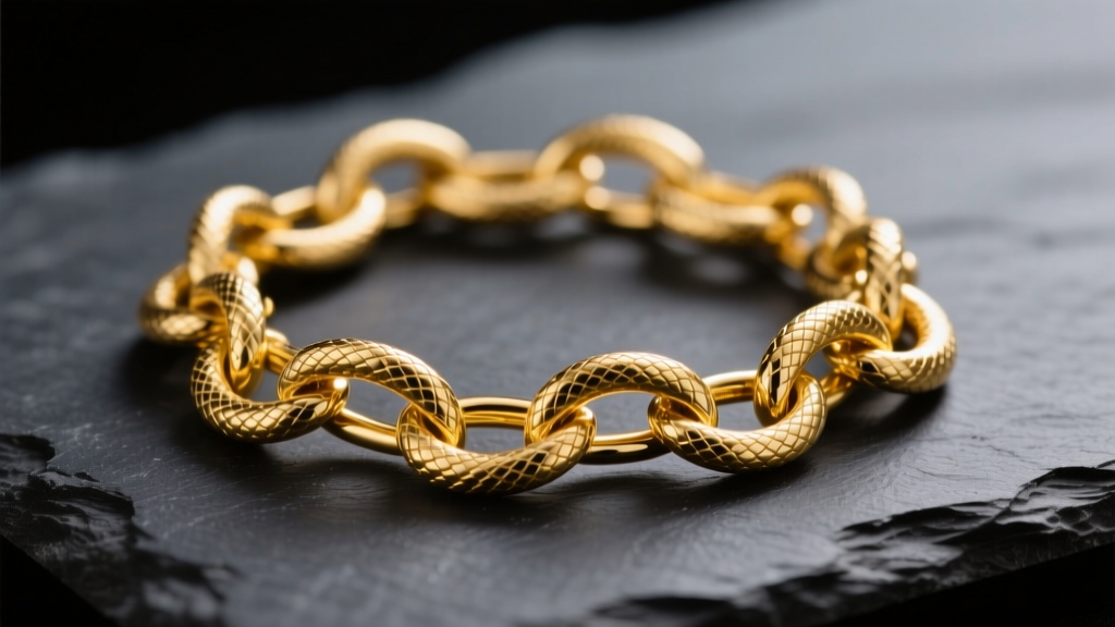 Macro photo of a tangled 14k yellow gold snake chain resting on dark slate, illuminated by soft directional studio lighting.