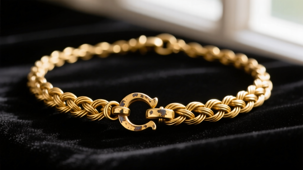 Macro photography of a Victorian 15k gold heirloom necklace with a woven foxtail chain and tarnished C-clasp resting on dark velvet