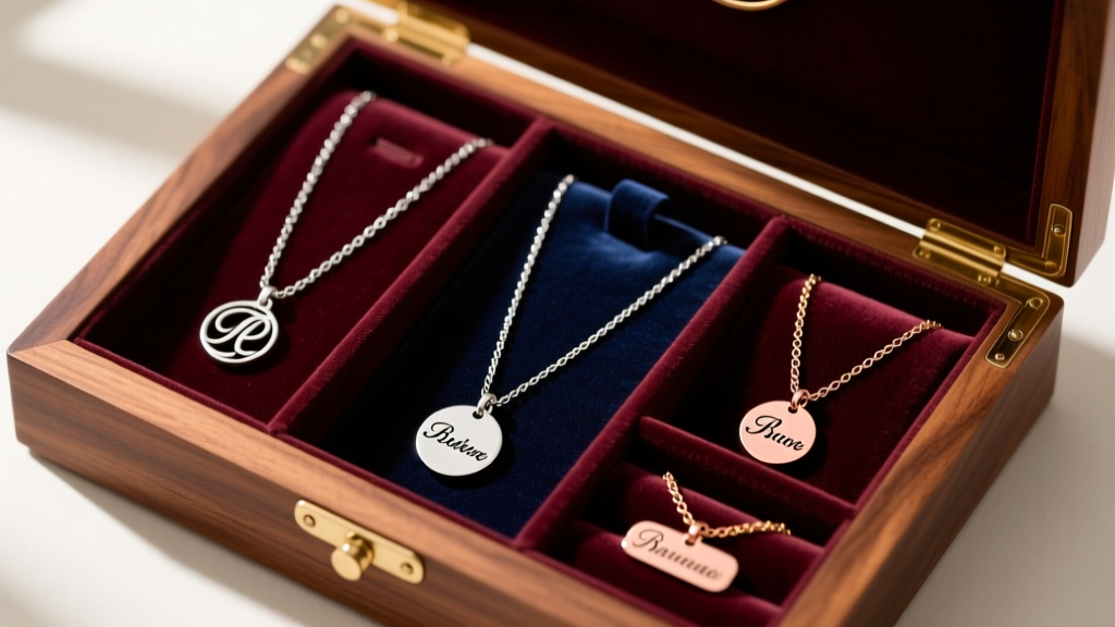 Overhead view of a wooden jewelry box with velvet-lined compartments storing personalized name charms and delicate chain necklaces.