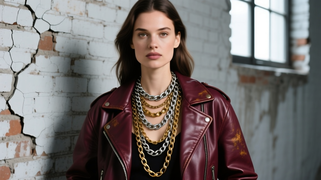 Fashion portrait of a woman in a vintage leather jacket wearing layered oxidized silver and brass chains against a gritty brick wall