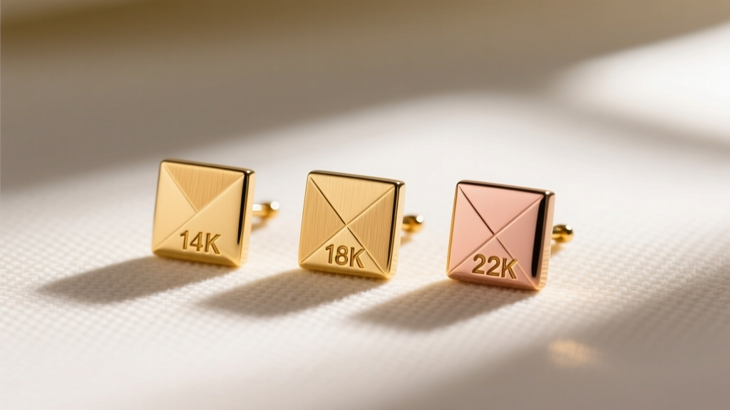 Three mens square gold studs of varying karats on microfiber, showing subtle color shifts and brushed matte surface textures.