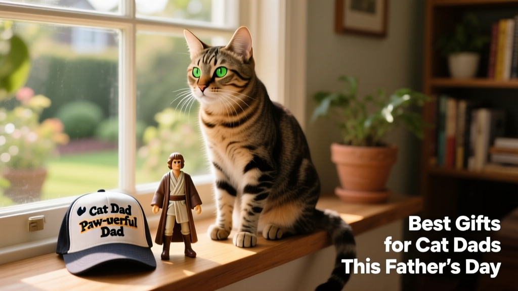 A cat sitting confidently on a window sill perch, gazing outside, with a Star Wars toy and personalized hat nearby