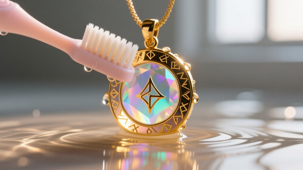 Close-up of a soft baby toothbrush gently scrubbing the intricate enamel crevices of a fantasy gaming pendant under warm water.
