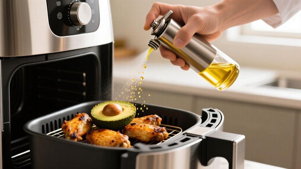 Close-up of a cook pumping a glass and steel oil sprayer to mist avocado oil over chicken wings inside a pulled-out air fryer basket