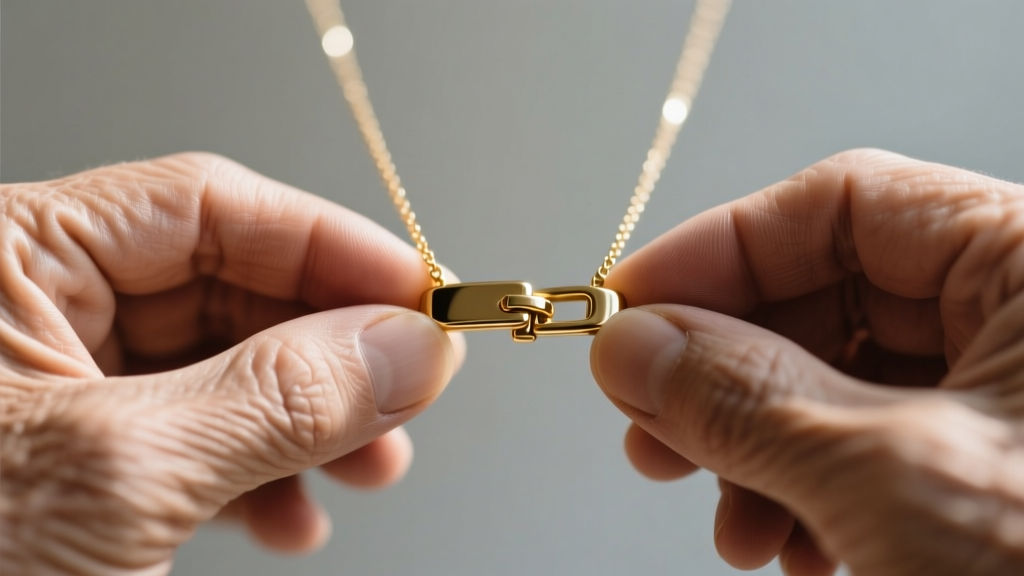 Close-up of a magnetic gold necklace clasp fastened by older hands, highlighting the seamless, accessible design.