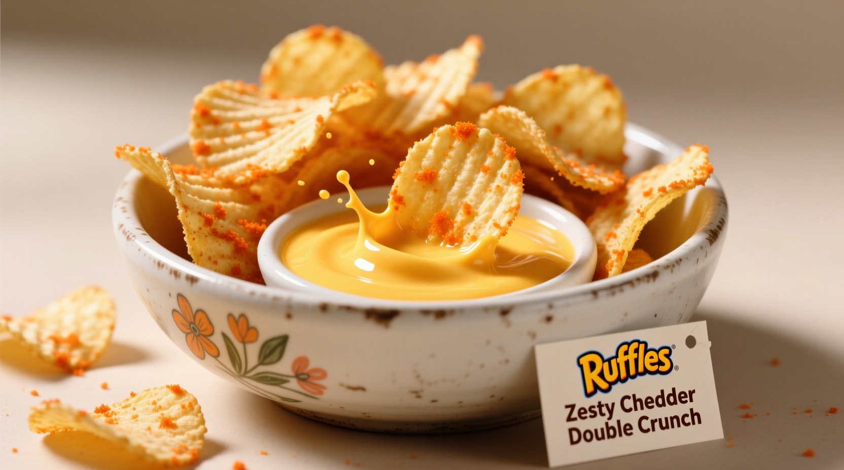 Ruffles Zesty Cheddar Double Crunch chips in bowl with dip