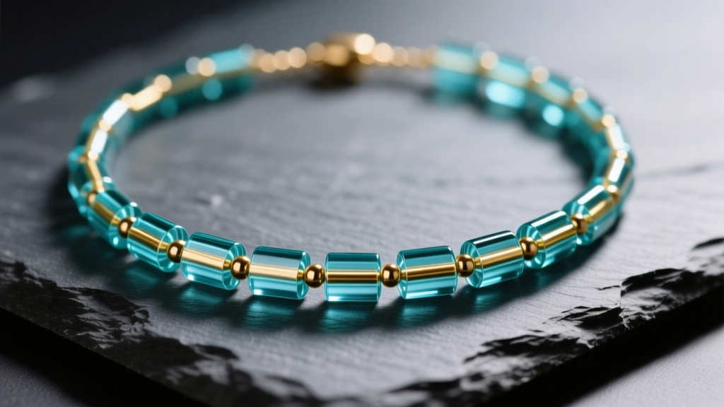 Macro shot of a turquoise and gold Miyuki Delica seed bead necklace on dark slate, highlighting uniform glass cylinder shapes.