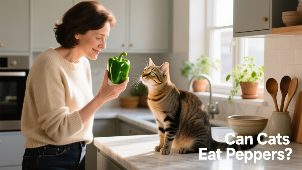 a person in a kitchen offering a cat on a counter a green bell pepper to sniff