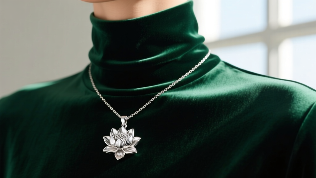 Silver lotus pendant necklace on a dark green turtleneck, captured from a close-up collarbone angle in bright, natural daylight.