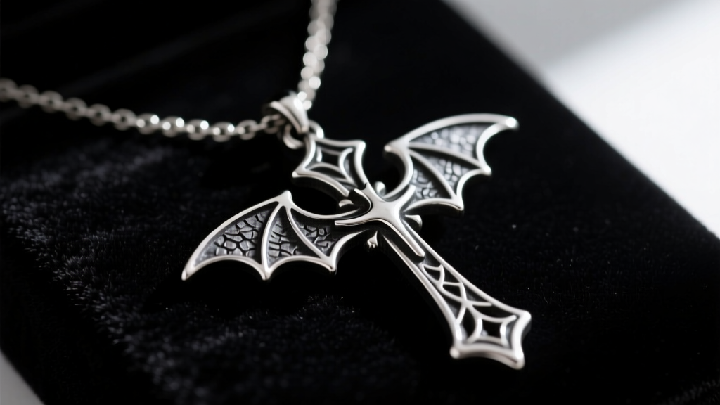 Oxidized sterling silver goth cross necklace on dark velvet, showing bat-wing motifs and deep black patina in the metal crevices
