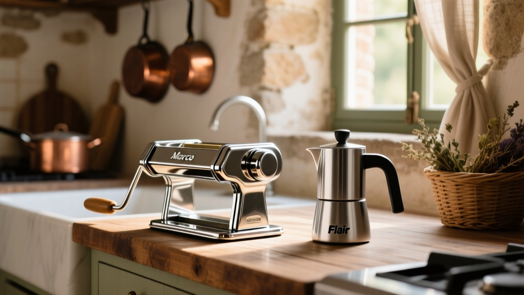 A rustic Italian kitchen counter featuring a chrome Marcato pasta maker and a stainless steel Flair espresso lever press