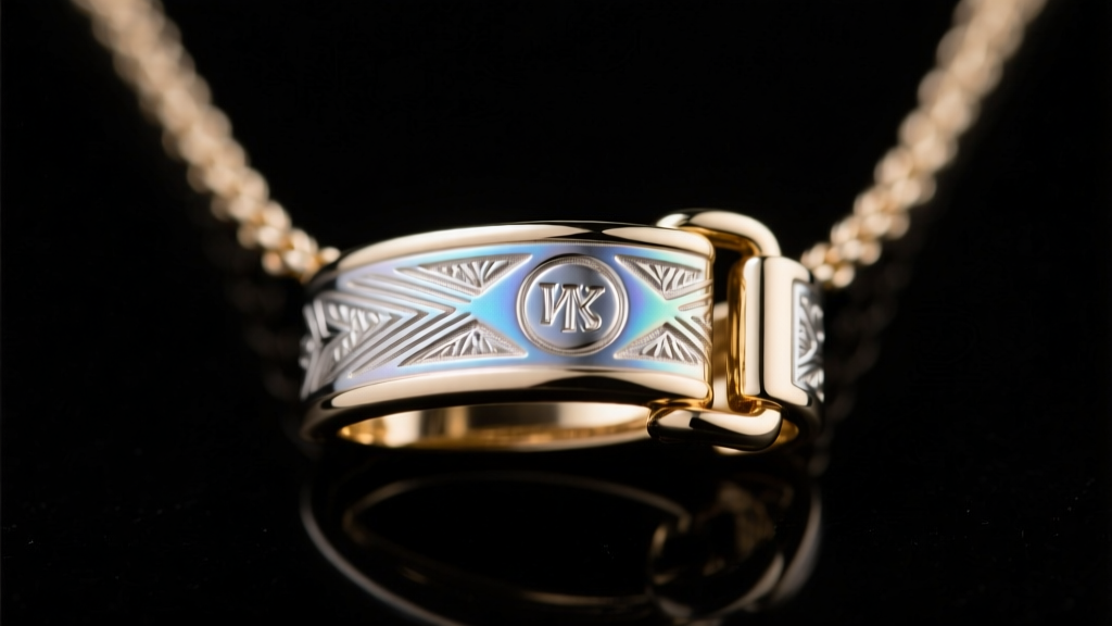 Close-up of a precision-cast bismuth-tin alloy necklace clasp with a stamped maker's mark and anti-tarnish e-coating.
