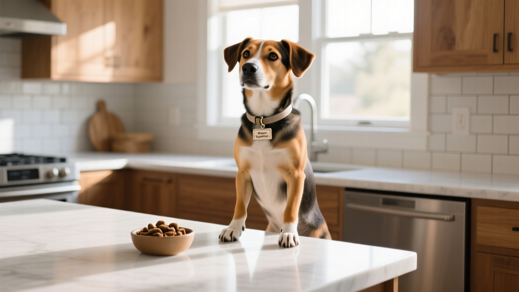 A curious dog standing on hind legs, front paws resting on a clean kitchen countertop