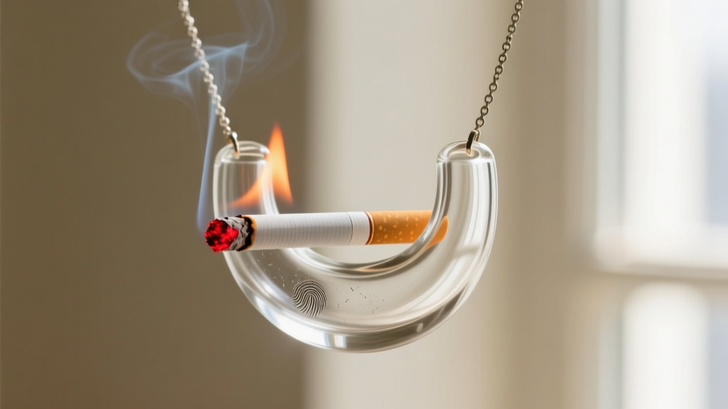 Macro shot of a lit cigarette in a clear borosilicate glass holder necklace, capturing glowing embers and smooth glass texture.